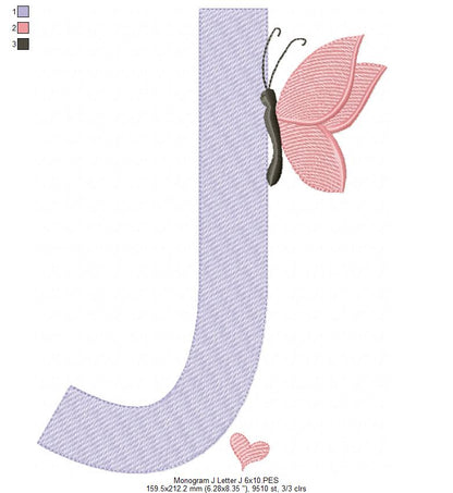 Monogram J Letter J Butterfly - Rippled Stitch