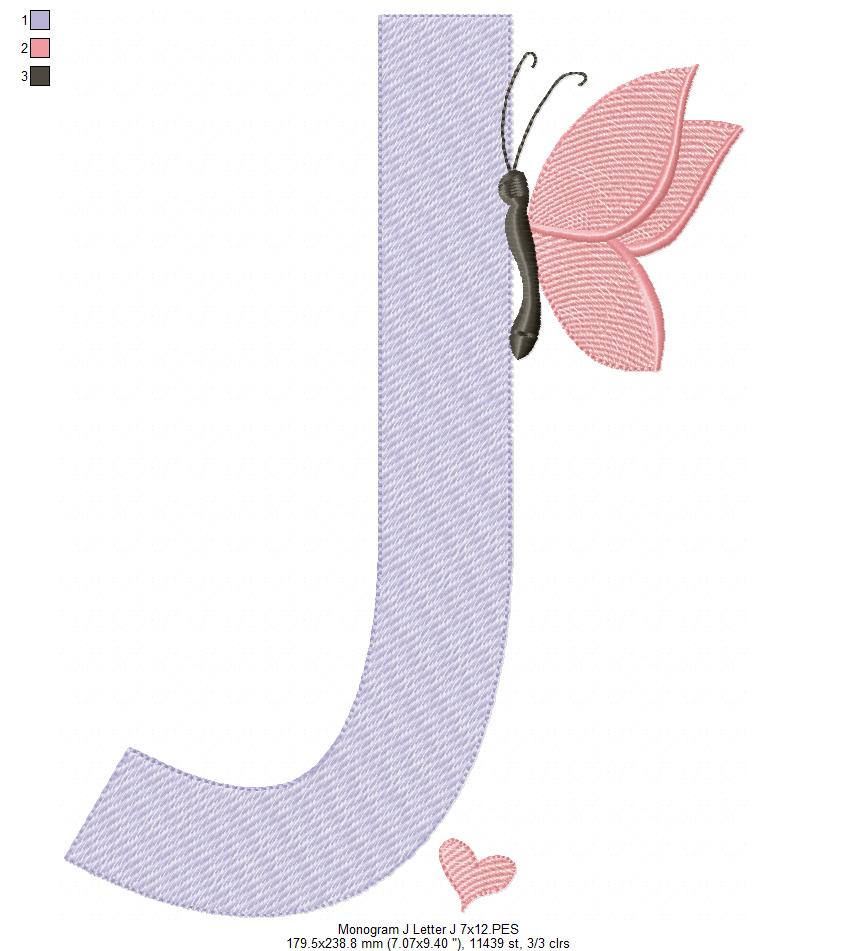 Monogram J Letter J Butterfly - Rippled Stitch