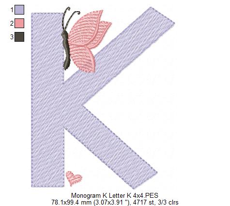 Monogram K Letter K Butterfly - Rippled Stitch
