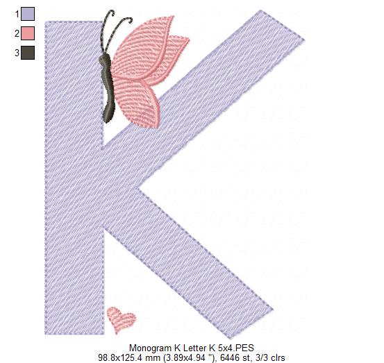 Monogram K Letter K Butterfly - Rippled Stitch