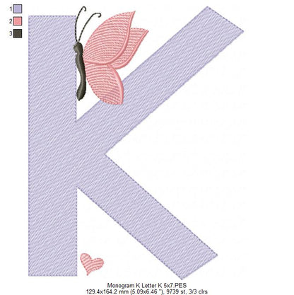 Monogram K Letter K Butterfly - Rippled Stitch