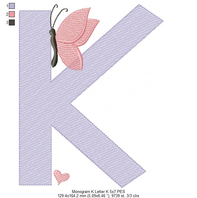 Monogram K Letter K Butterfly - Rippled Stitch