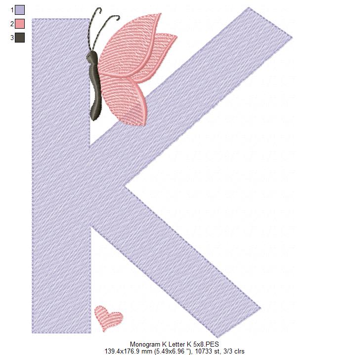 Monogram K Letter K Butterfly - Rippled Stitch