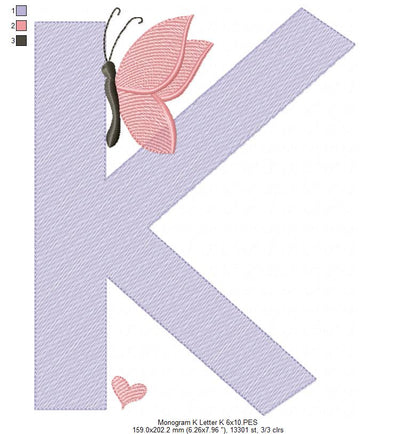 Monogram K Letter K Butterfly - Rippled Stitch