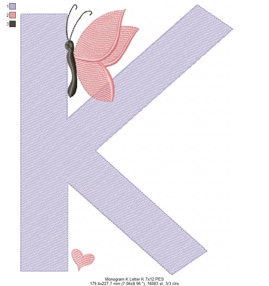 Monogram K Letter K Butterfly - Rippled Stitch