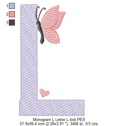 Monogram L Letter L Butterfly - Rippled Stitch