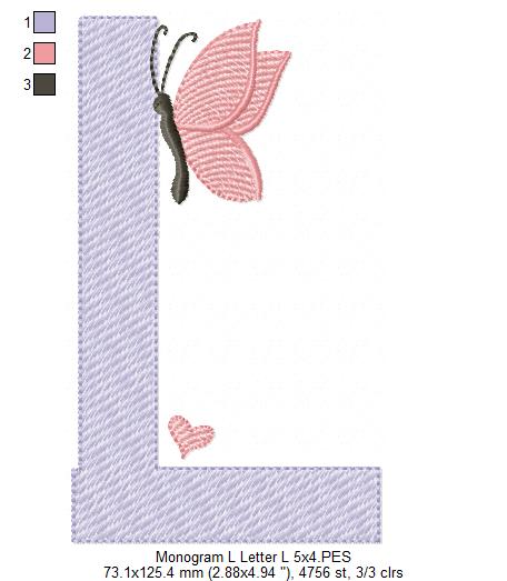 Monogram L Letter L Butterfly - Rippled Stitch