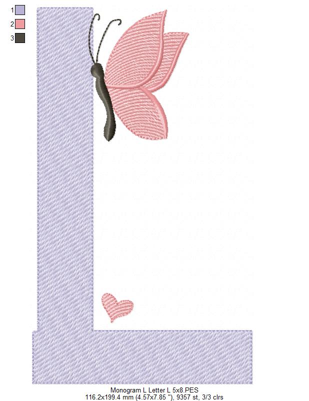 Monogram L Letter L Butterfly - Rippled Stitch