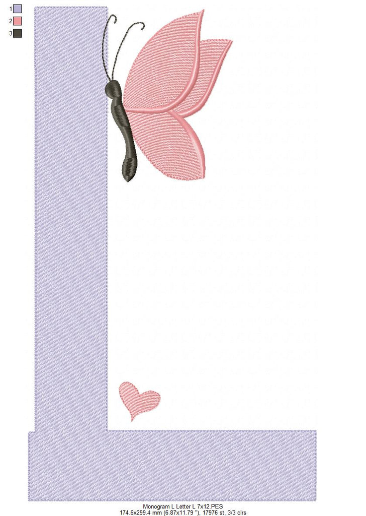 Monogram L Letter L Butterfly - Rippled Stitch