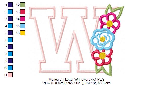 Monogram W and Flowers - Applique