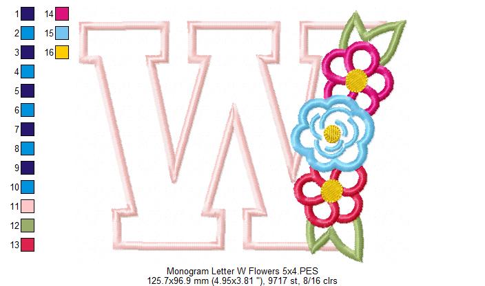Monogram W and Flowers - Applique