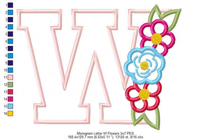 Monogram W and Flowers - Applique