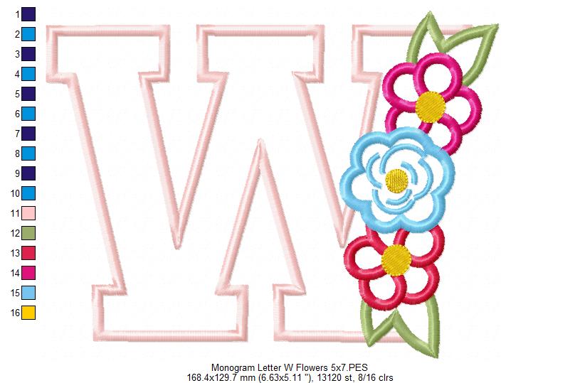 Monogram W and Flowers - Applique