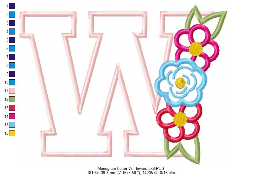 Monogram W and Flowers - Applique
