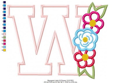 Monogram W and Flowers - Applique