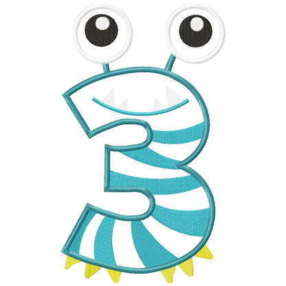 Monster Birthday Number Three – Appliqué – Machine Embroidery Design