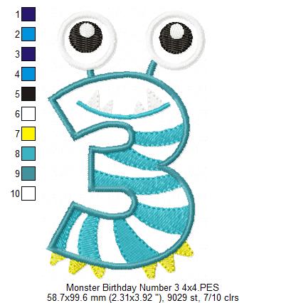 Monster Birthday Number Three – Appliqué – Machine Embroidery Design