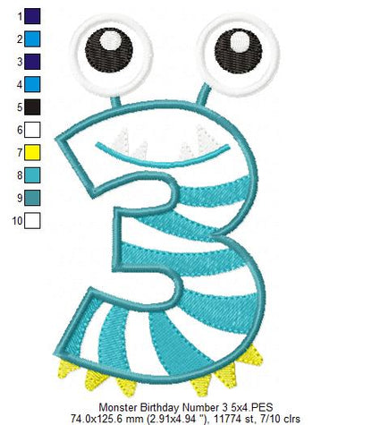 Monster Birthday Number Three – Appliqué – Machine Embroidery Design