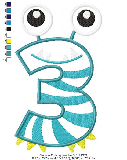 Monster Birthday Number Three – Appliqué – Machine Embroidery Design