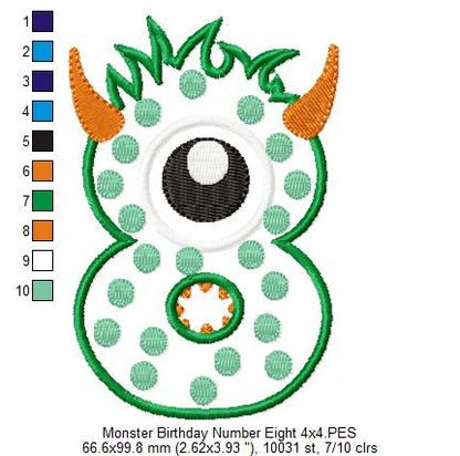 Monster Birthday Number 8 Eight 8th Birthday - Applique