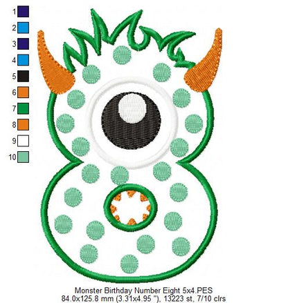 Monster Birthday Number 8 Eight 8th Birthday - Applique