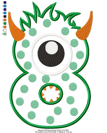 Monster Birthday Number 8 Eight 8th Birthday - Applique