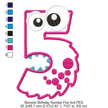 Monster Birthday Number 5 Five 5th Birthday - Applique
