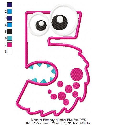Monster Number Five – Appliqué – Machine Embroidery Design