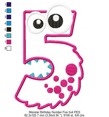Monster Number Five – Appliqué – Machine Embroidery Design