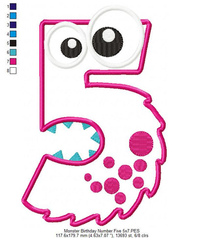 Monster Number Five – Appliqué – Machine Embroidery Design
