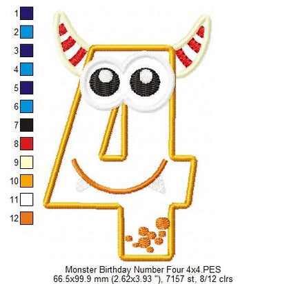 Monster Birthday Number 4 Four 4th Birthday - Applique