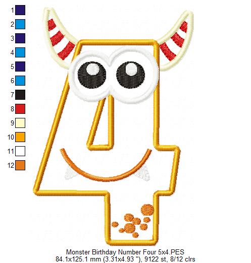 Monster Birthday Number 4 Four 4th Birthday - Applique
