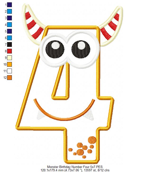 Monster Birthday Number 4 Four 4th Birthday - Applique