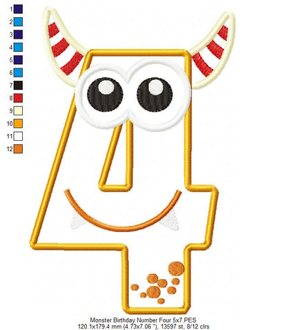 Monster Birthday Number 4 Four 4th Birthday - Applique