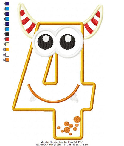 Monster Birthday Number 4 Four 4th Birthday - Applique