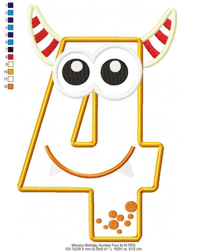 Monster Birthday Number 4 Four 4th Birthday - Applique