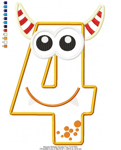 Monster Birthday Number 4 Four 4th Birthday - Applique