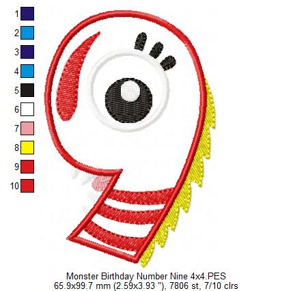 Monster Birthday Number 9 Nine 9th Birthday - Applique