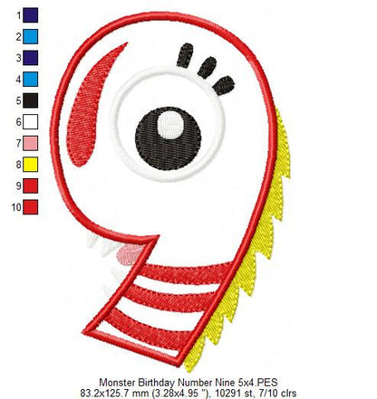 Monster Birthday Number 9 Nine 9th Birthday - Applique
