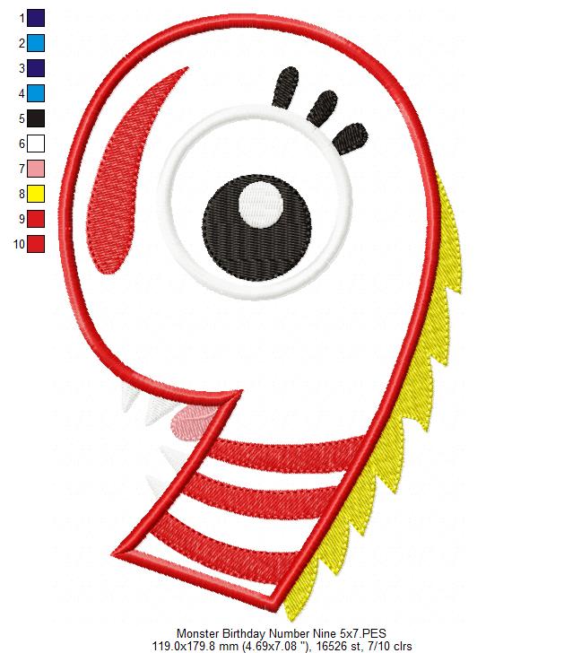 Monster Birthday Number 9 Nine 9th Birthday - Applique