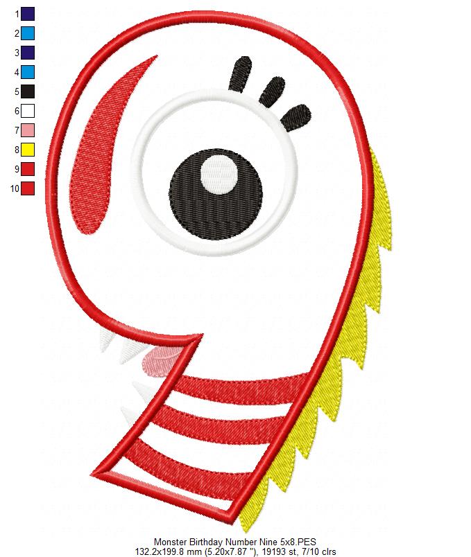 Monster Birthday Number 9 Nine 9th Birthday - Applique