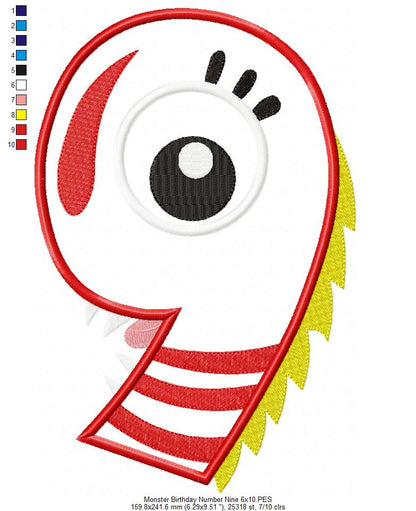 Monster Birthday Number 9 Nine 9th Birthday - Applique