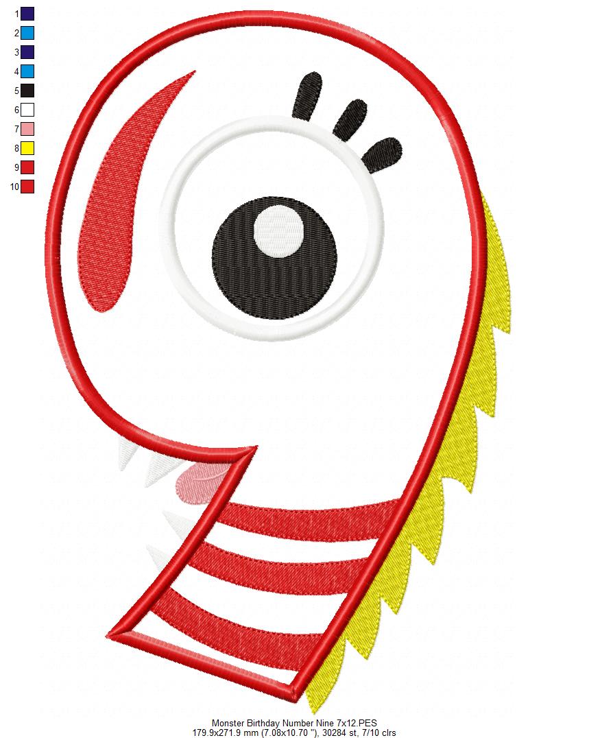 Monster Birthday Number 9 Nine 9th Birthday - Applique
