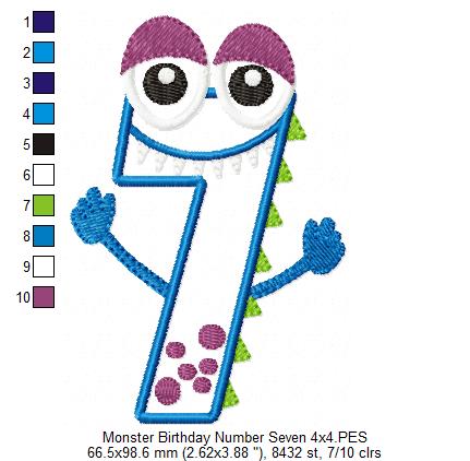 Monster Birthday Number 7 Seven 7th Birthday - Applique