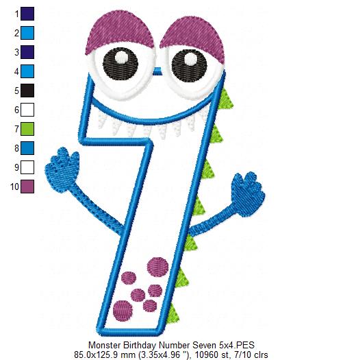 Monster Birthday Number 7 Seven 7th Birthday - Applique