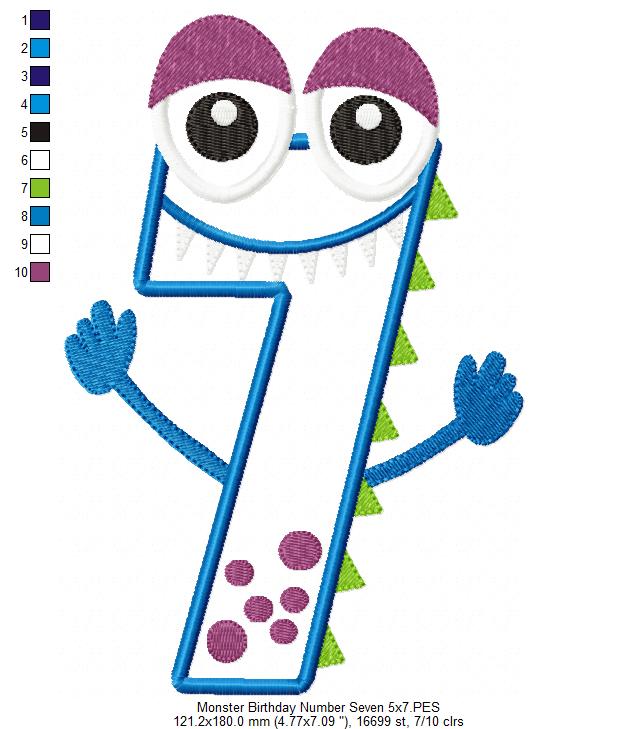 Monster Birthday Number 7 Seven 7th Birthday - Applique