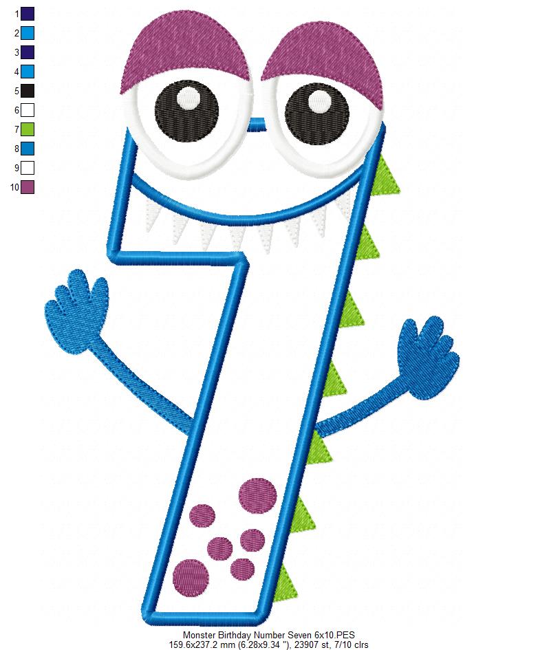 Monster Birthday Number 7 Seven 7th Birthday - Applique