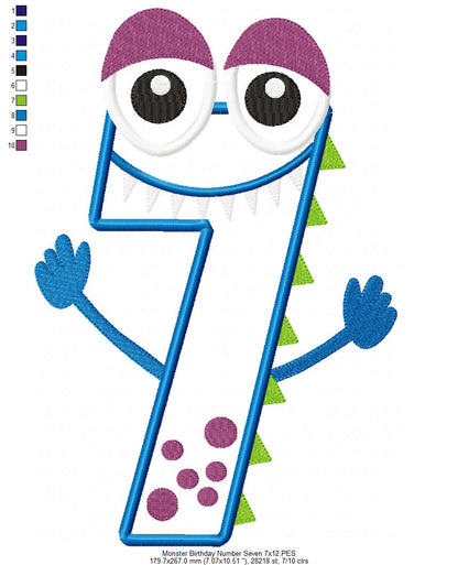 Monster Birthday Number 7 Seven 7th Birthday - Applique