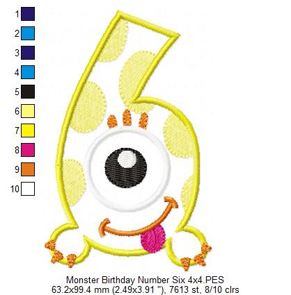 Monster Birthday Number 6 Six 6th Birthday - Applique