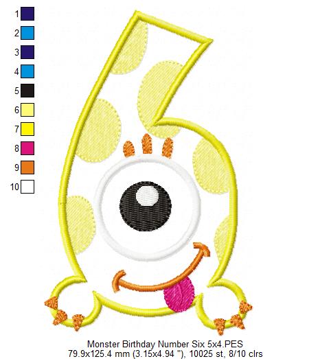 Monster Birthday Number 6 Six 6th Birthday - Applique